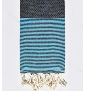 Fouta nid d'abeille bleu rayée bleu turquoise Fouta Tunisia - 1