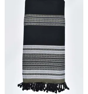 Jeté Arabesque noir rayée vert Militaire et gris  - 1