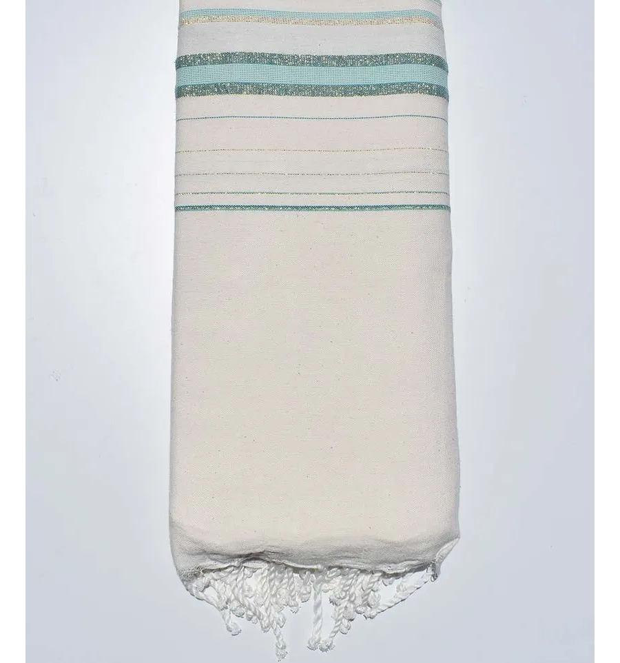 Jeté fadhila blanc crème clair, vert clair et canard avec lurex Fouta Tunisia - 2
