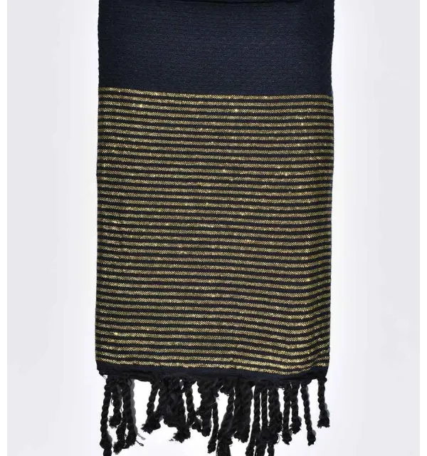 Fouta nid d'abeille bleu de minuit avec lurex doré - 1