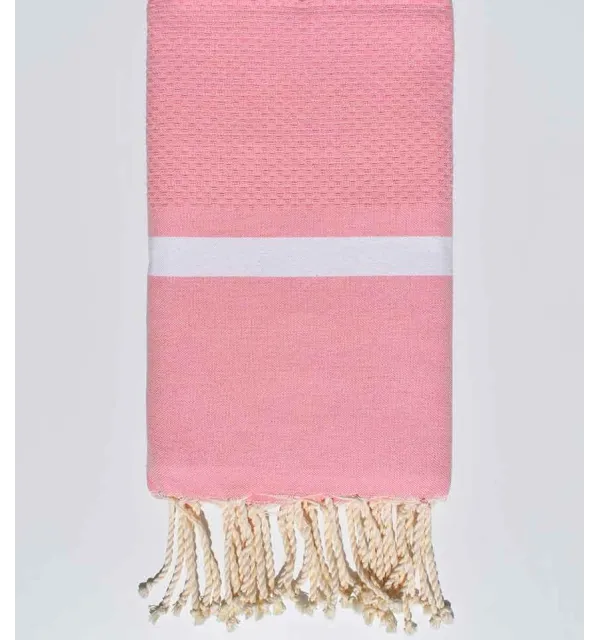 Fouta nid d'abeille rose clair avec bandes blanche Fouta Tunisia - 1