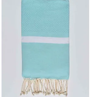 Fouta nid d'abeille vert d'eau bandes blanche Fouta Tunisia - 1