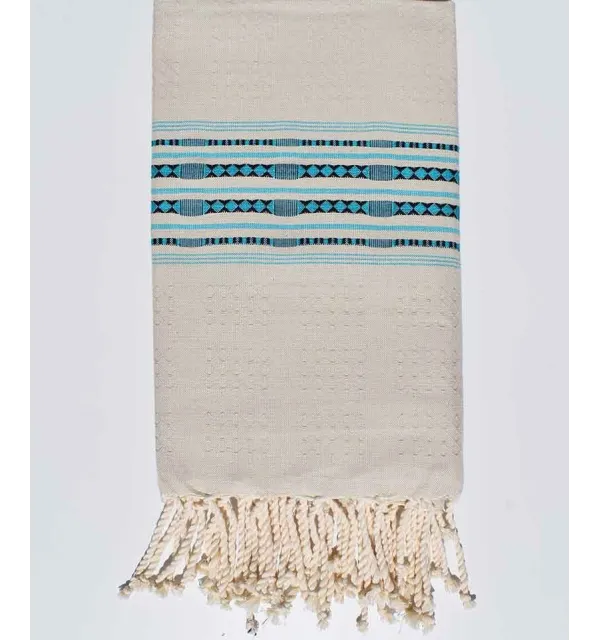 Fouta thalasso écru avec des motifs bleu azur Fouta Tunisia - 1
