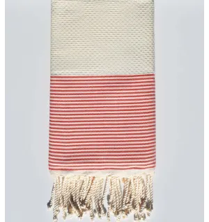 Fouta nid d'abeille blanc crème rayée rouge capucine Fouta Tunisia - 1