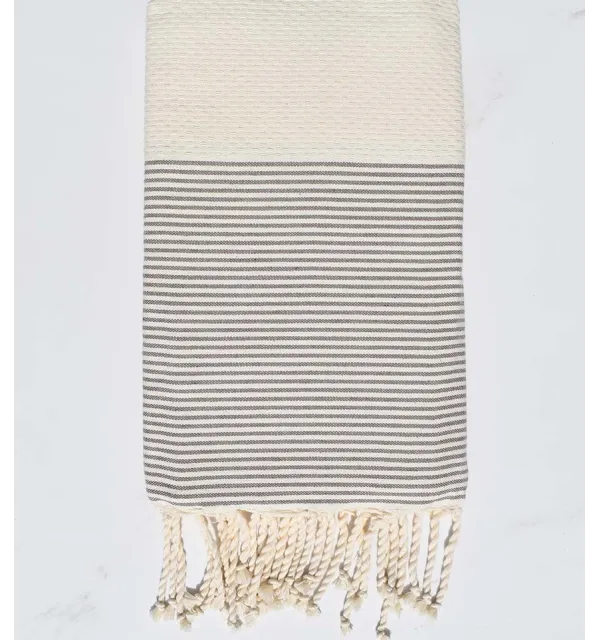 Fouta nid d'abeille blanc crème rayée taupe - 1