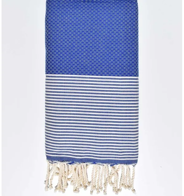 Fouta nid d'abeille bleu klein avec rayures - 1
