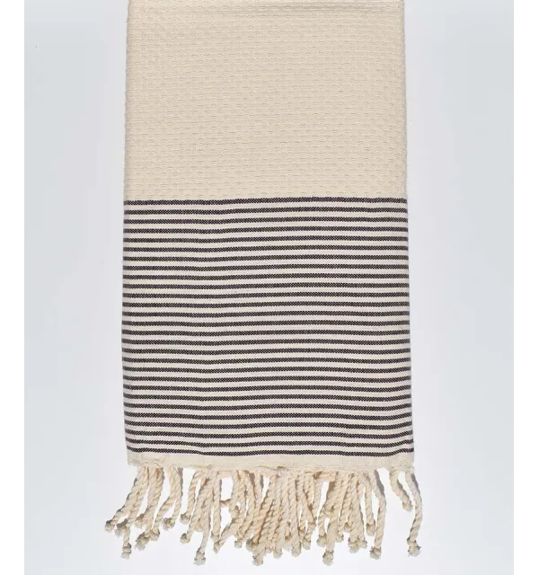 Fouta en nid d'abeille écru rayée violet d'évêque Fouta Tunisia - 1