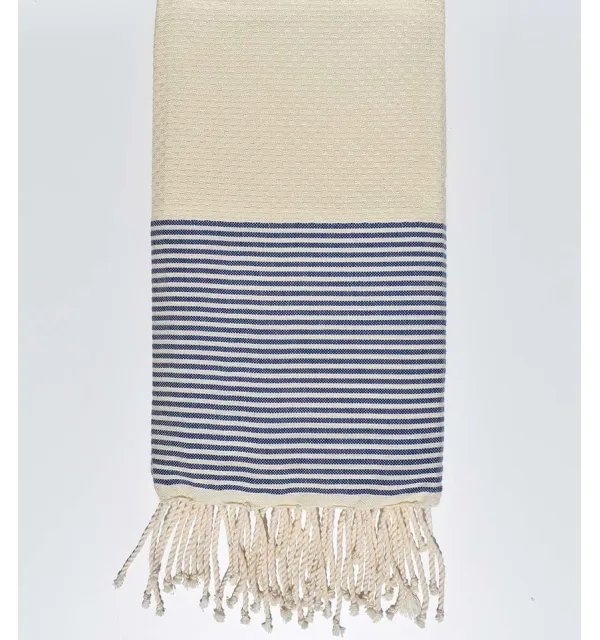 Fouta nid d'abeille écru avec rayures bleu foncé Fouta Tunisia - 1
