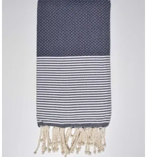 Fouta nid d'abeille bleu marine avec rayures  - 1