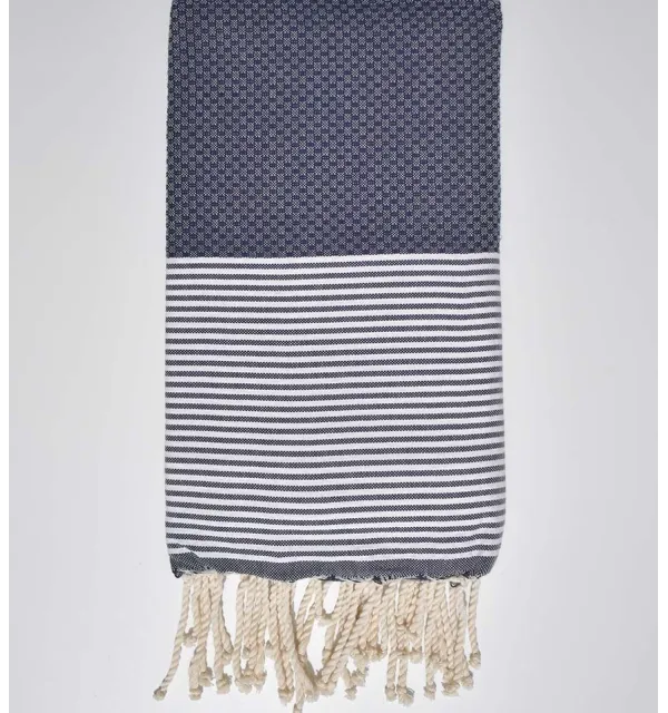Fouta nid d'abeille bleu marine avec rayures - 1