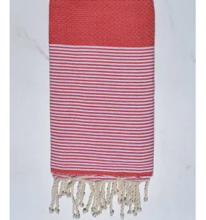 FOUTA NID D'ABEILLE rose incarnat rayée blanc Fouta Tunisia - 1