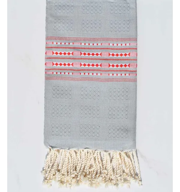 Fouta thalasso bleu gris avec motifs rouge Fouta Tunisia - 1