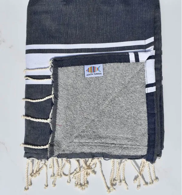 Fouta bleu foncé doublée éponge gris Fouta Tunisia - 1