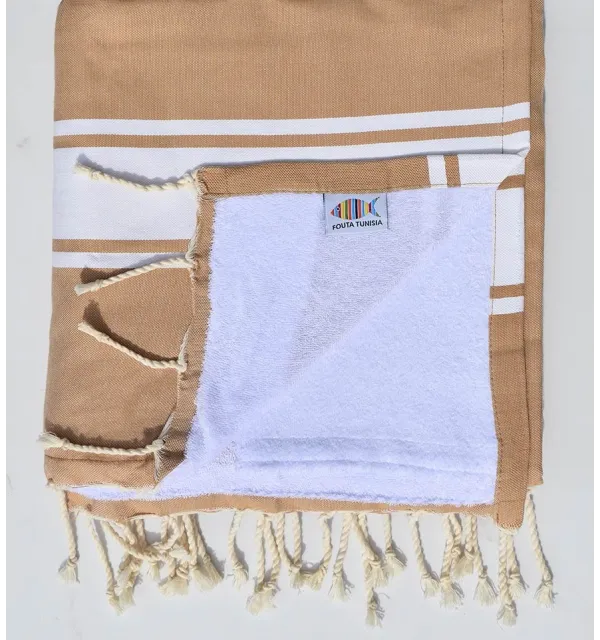 Fouta plate marron clair doublée éponge Fouta Tunisia - 1