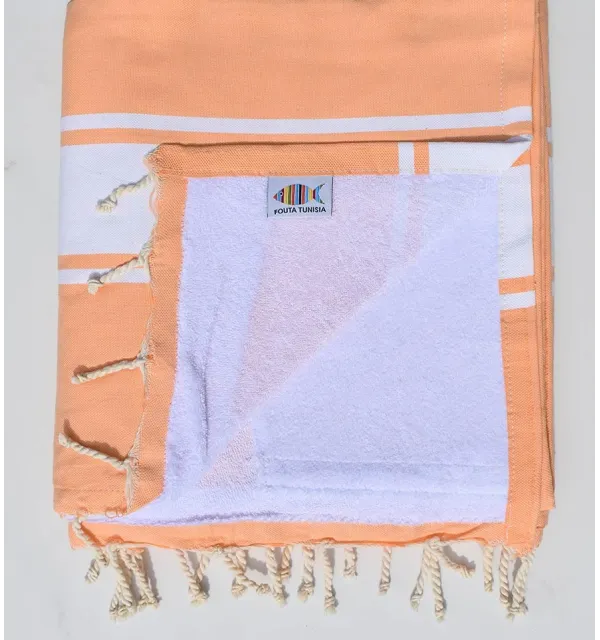 fouta doublée éponge saumon et blanc Fouta Tunisia - 1