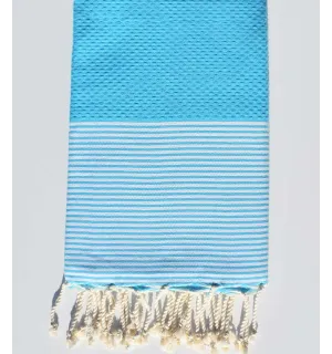 FOUTA NID D'ABEILLE bleu céruléen rayée blanc Fouta Tunisia - 1