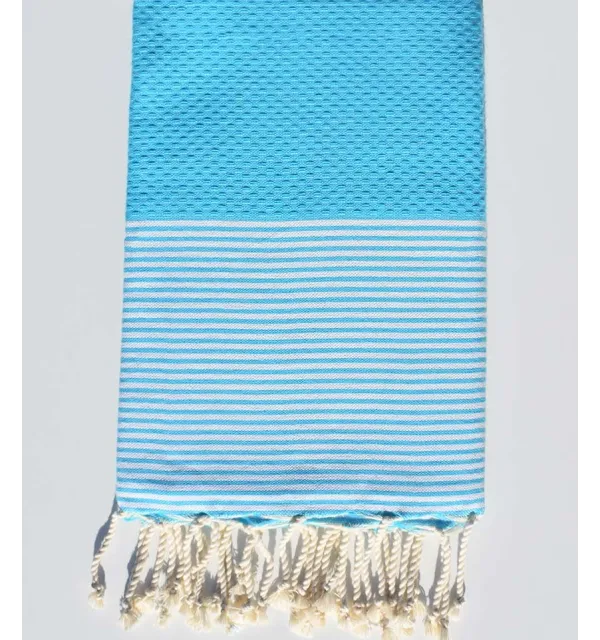 FOUTA NID D'ABEILLE bleu céruléen rayée blanc Fouta Tunisia - 1