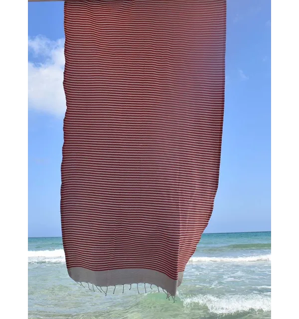 FOUTA nid d'abeille rayée 1 cm rayure rouge Fouta Tunisia - 3