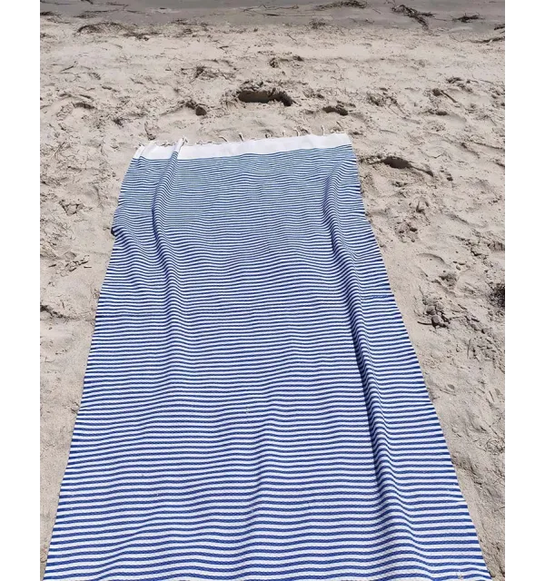 FOUTA nid d'abeille beige clair rayée 1 cm rayure bleu  - 3