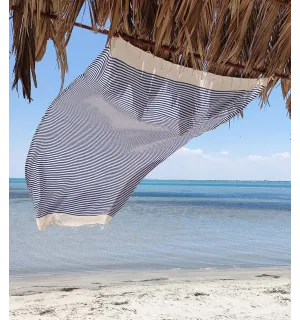 FOUTA nid d'abeille beige clair rayée 1 cm rayure bleu  - 1