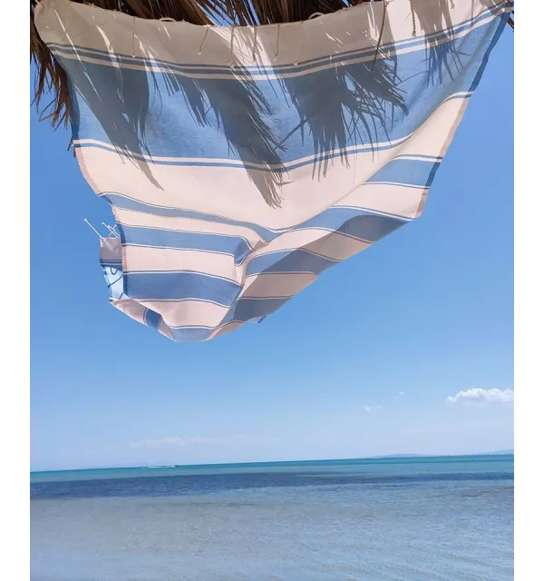 serviette de plage RAF-RAF bleu bleuet et rose pastel pâle Fouta Tunisia - 2