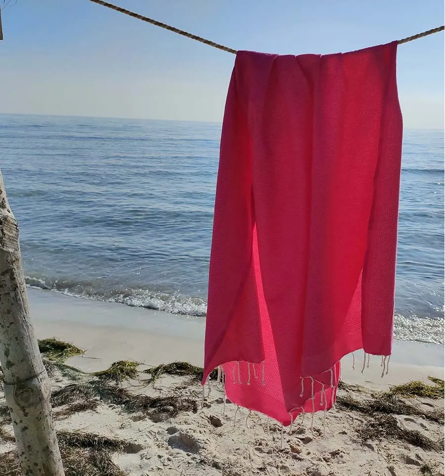 FOUTA nid d'abeille unie rose fushia Fouta Tunisia - 3