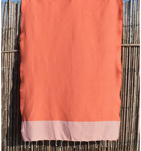 Fouta nid d'abeille orange rayée blanc Fouta Tunisia - 1