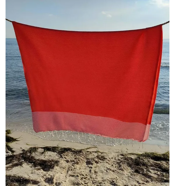 FOUTA NID D'ABEILLE rouge groseille rayée blanc Fouta Tunisia - 3