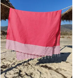 FOUTA NID D'ABEILLE fushia rayée blanc Fouta Tunisia - 1 2