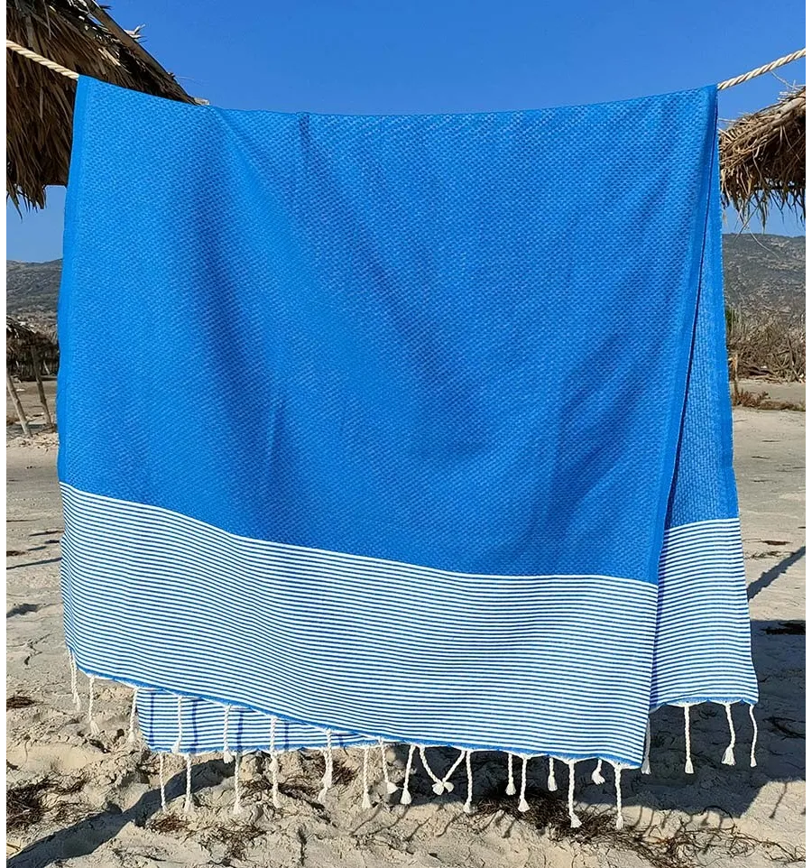 FOUTA NID D'ABEILLE Bleu électrique rayée blanc Fouta Tunisia - 3