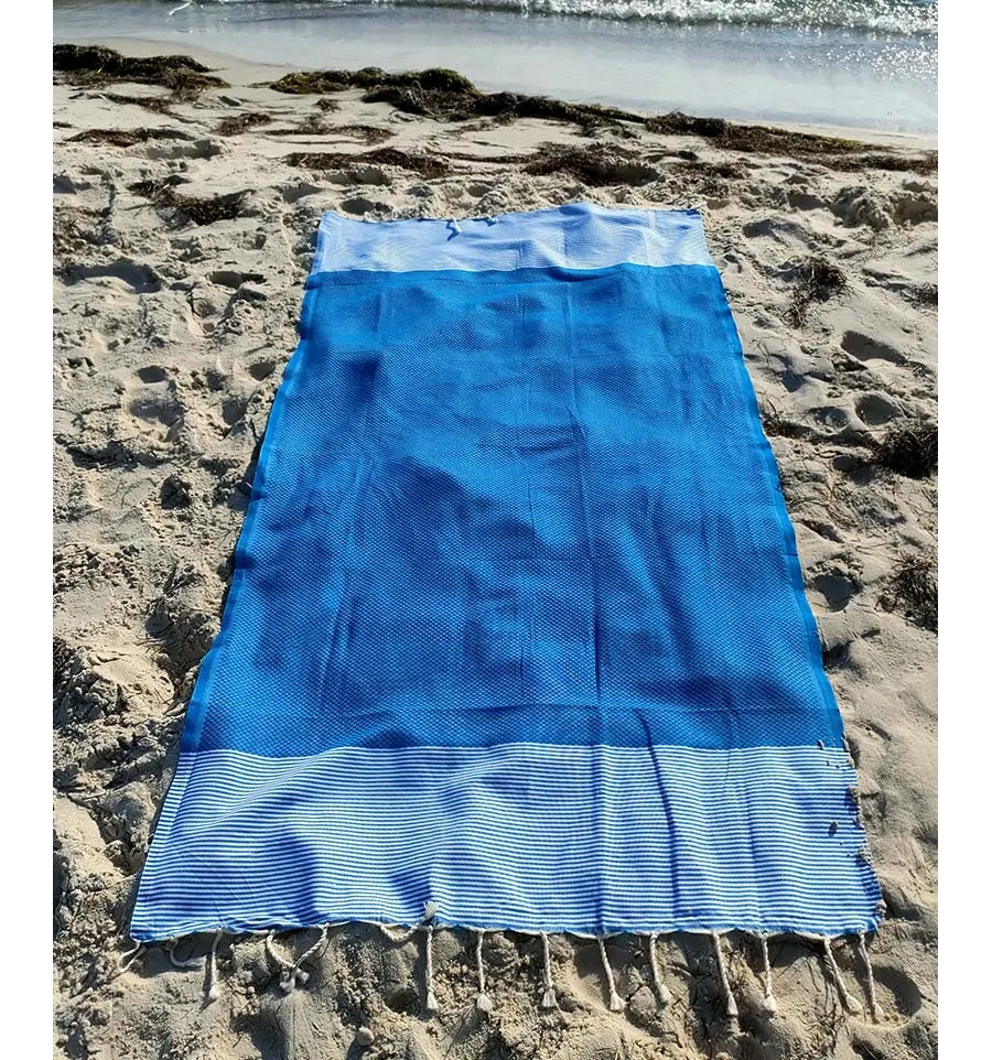 FOUTA NID D'ABEILLE Bleu électrique rayée blanc Fouta Tunisia - 4