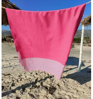 FOUTA NID D'ABEILLE Rose fraise rayée blanc Fouta Tunisia - 1