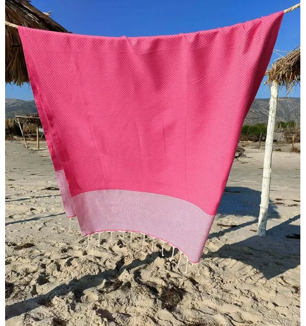 FOUTA NID D'ABEILLE Rose fraise rayée blanc Fouta Tunisia - 1