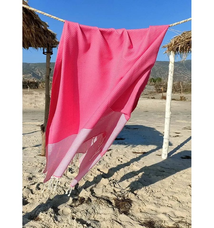 FOUTA NID D'ABEILLE Rose fraise rayée blanc Fouta Tunisia - 3