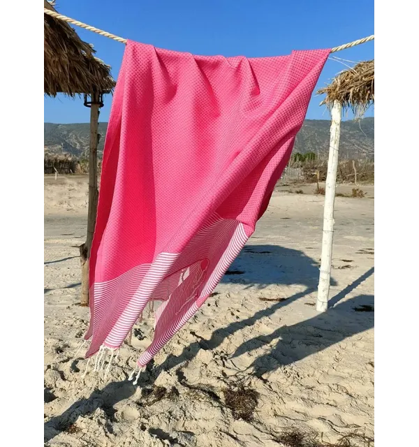 FOUTA NID D'ABEILLE Rose fraise rayée blanc Fouta Tunisia - 3