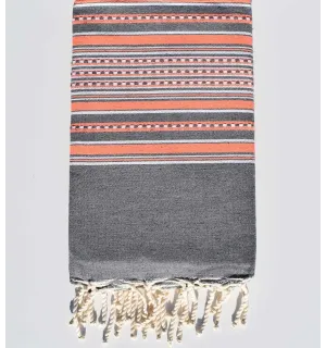 Fouta arabesque gris avec rayures orange fluo Fouta Tunisia - 1