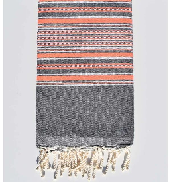 Fouta arabesque gris avec rayures orange fluo Fouta Tunisia - 1