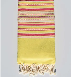 Jeté arabesque jaune avec rayures rose foncé Fouta Tunisia - 1