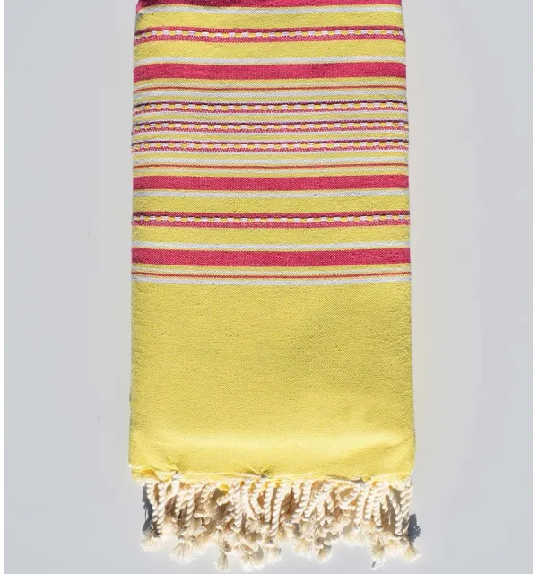 Jeté arabesque jaune avec rayures rose foncé Fouta Tunisia - 1