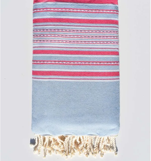 Jeté arabesque bleu ciel et rose foncé Fouta Tunisia - 1