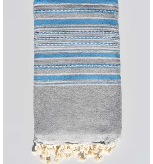Jeté arabesque gris clair avec rayures bleu Fouta Tunisia - 1