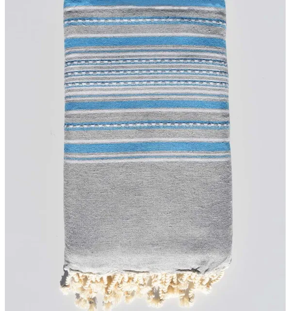 Jeté arabesque gris clair avec rayures bleu Fouta Tunisia - 1