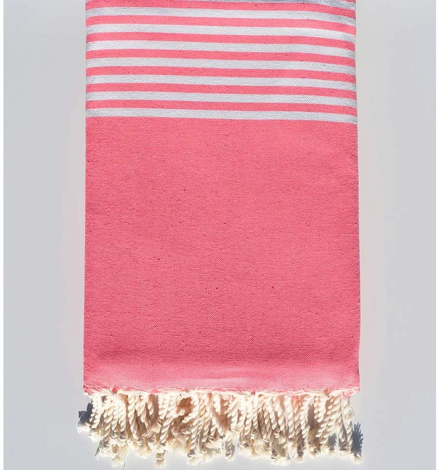 Jeté rose fluo rayée blanc Fouta Tunisia - 2