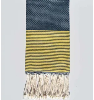 Fouta nid d'abeille bleu minéral rayée jaune Fouta Tunisia - 1