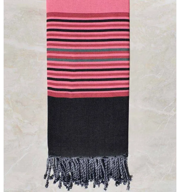 Jeté rose avec rayures noir Fouta Tunisia - 1