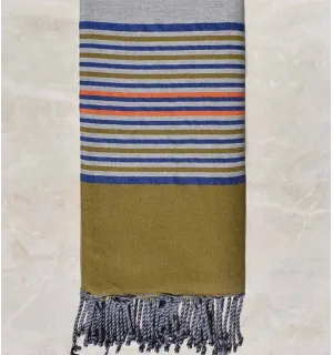Jeté gris avec rayures bleu, vert kaki et orange - 1 2