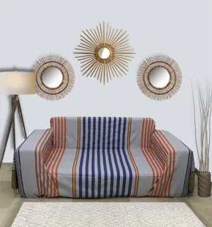 Jeté gris avec rayures bleu, vert kaki et orange  - 1