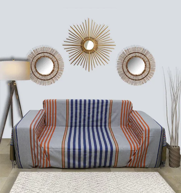 Jeté gris avec rayures bleu, vert kaki et orange - 1