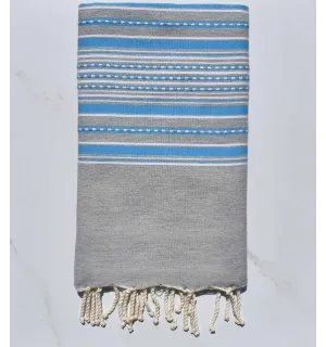 Fouta arabesque gris clair avec rayures bleu Fouta Tunisia - 1