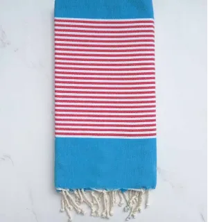 Fouta plate bleu azur rayée rouge et blanc  - 1